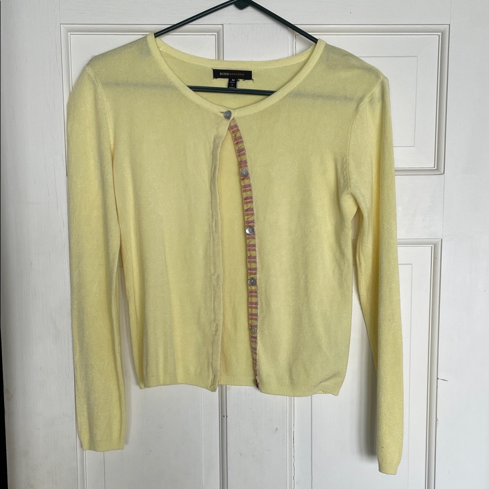 BCBG Yellow Cardigan with Striped Trim